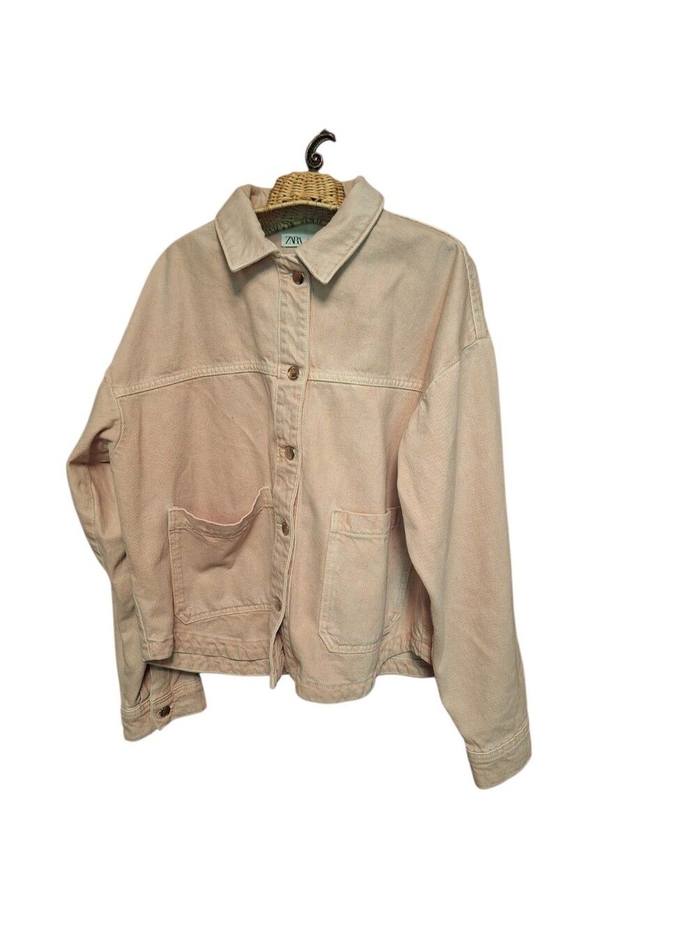 ZARA Light Blush Jean Jacket Button Down Ladies Medium Boxy oversized Pockets